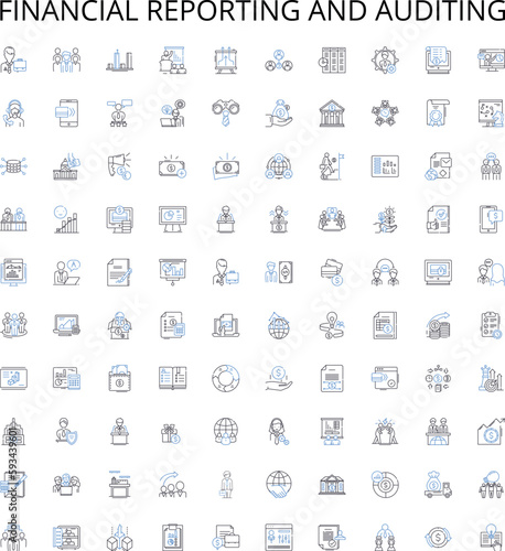 Financial reporting and auditing outline icons collection. Accounting, Auditing, Financials, Statement, Reporting, Analysis, Oversight vector illustration set. Compliance, Disclosure, Gaap linear