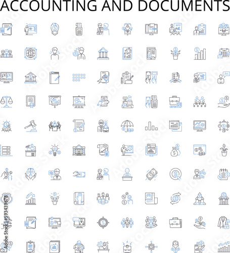 Accounting and documents outline icons collection. Accounting, Documents, Audit, Ledger, Payables, Receivables, Spreadsheet vector illustration set. Tax, Balance, Expense linear signs