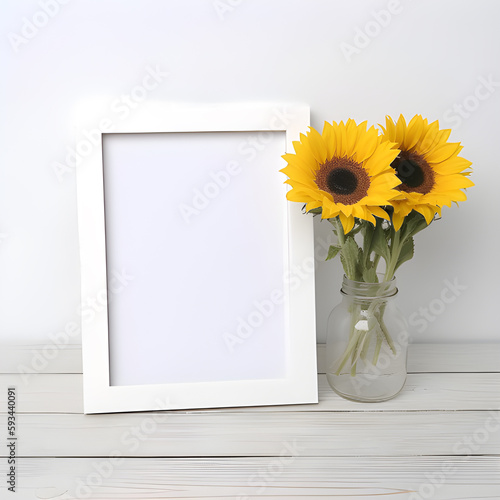 The wooden frame showcased a vibrant sunflower mockup on the table(wooden frame mockup, Generative AI