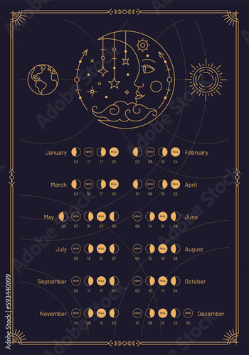 2024 year moon calendar, lunar phases schedule and cycles. Astrological planner banner design template. Lunar monthly cycle calendar dark night background vector illustration