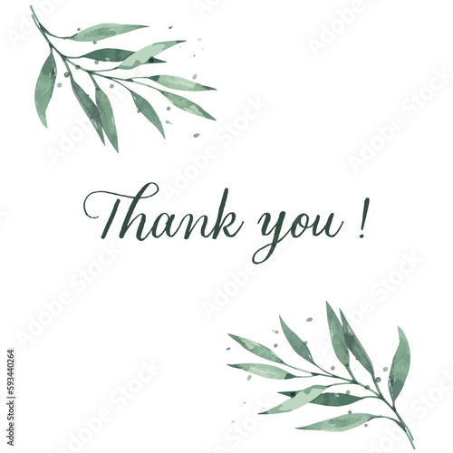 Lettering phrase thank you with watercolor leaves in rustic style. Isolated vector illustration on white background. © Karelkart
