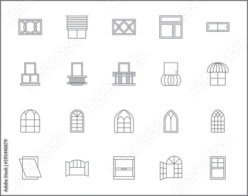 Simple Set of window Related Vector Line Icons. Vector collection of open, close, curtain, French door, glass and design elements symbols or logo element.