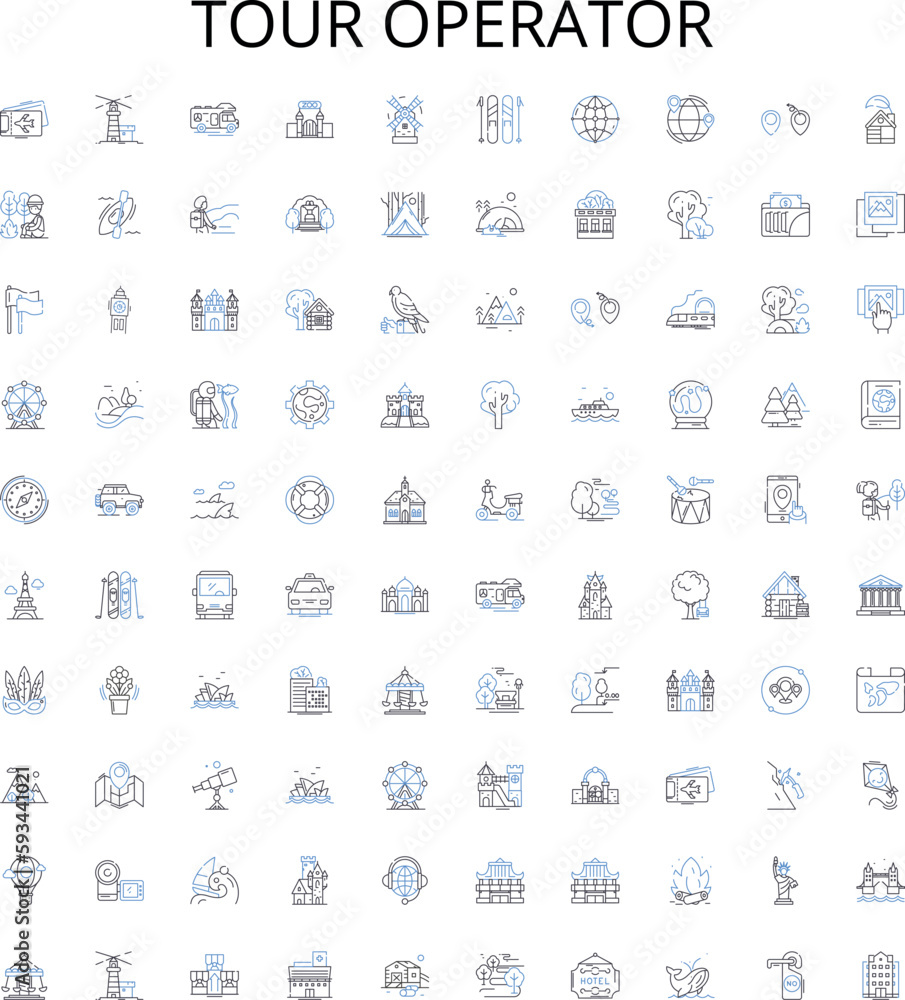 Tour operator outline icons collection. Tour, Operator, Travel, Agency, Vacation, Trip, Guide vector illustration set. Adventure, Packages, Booking linear signs Tour operator outline icons collection. Tour, Operator, Travel, Agency, Vacation, Trip, Guide vector illustration set. Adventure, Packages, Booking linear signs