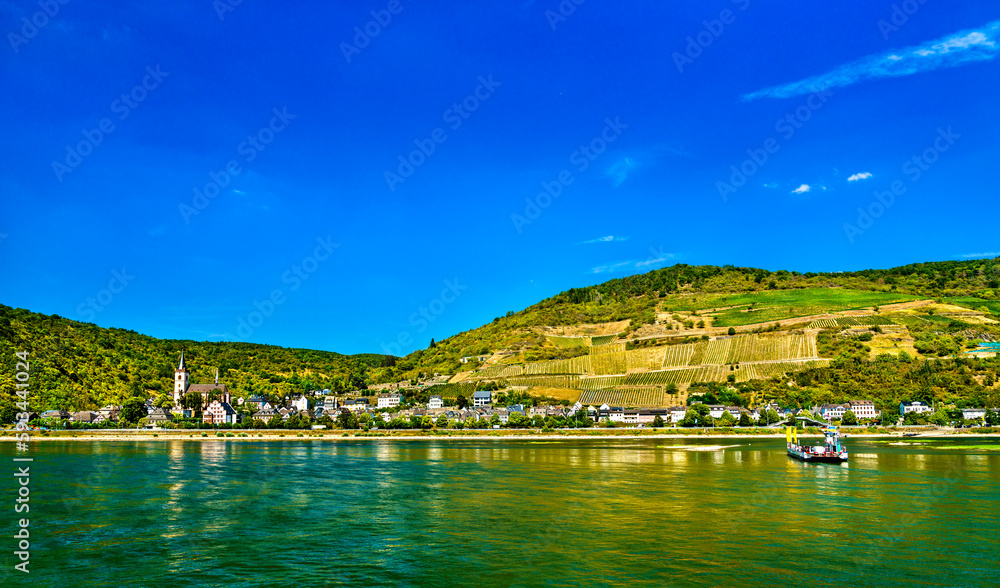 Landscape of Lorch town in the Rhine Gorge with St. Martin Church in Germany