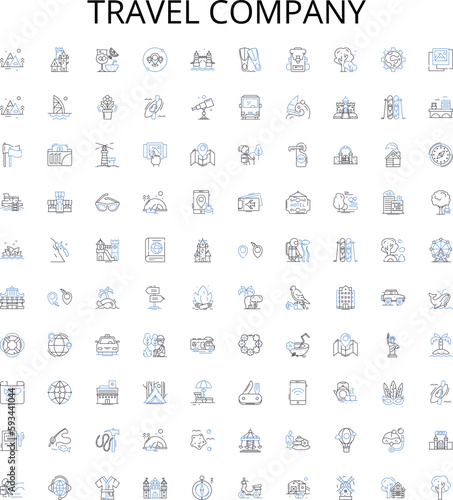 Travel company outline icons collection. Travel, Company, Tour, Vacation, Agency, Journey, Adventure vector illustration set. Reservation, Flight, Cruise linear signs