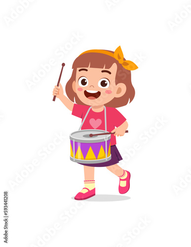 little kid playing one drum and feel happy