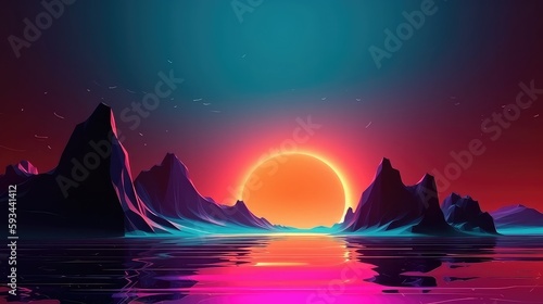 Neon fantasy landscape with moon water and mountains   Metaverse Virtual Reality Landscape  fantasy world with heavy neon glowing  music video background and dj concert graphics
