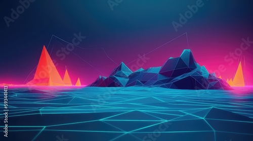 neon 3d abstract landscape virtual reality metaverse world, background with glowing geometric shapes and seascape, terrain, neon water, heavy glow, panoramic view, futuristic world, colorful glow