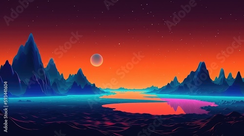 Wallpaper Mural neon 3d abstract landscape virtual reality metaverse world, background with glowing geometric shapes and seascape, terrain, neon water, heavy glow,  panoramic view, futuristic world, colorful glow Torontodigital.ca