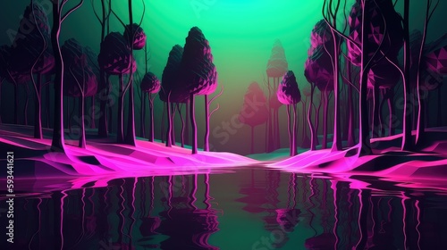 Wallpaper Mural neon 3d abstract landscape virtual reality metaverse world, background with glowing geometric shapes and seascape, terrain, neon water, heavy glow,  panoramic view, futuristic world, colorful glow Torontodigital.ca