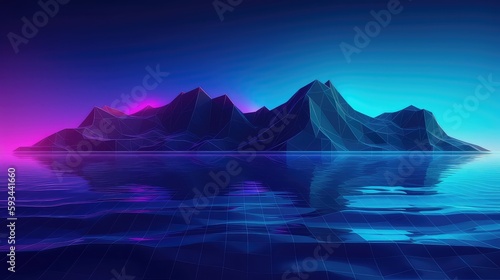 neon 3d abstract landscape virtual reality metaverse world  background with glowing geometric shapes and seascape  terrain  neon water  heavy glow   panoramic view  futuristic world  colorful glow