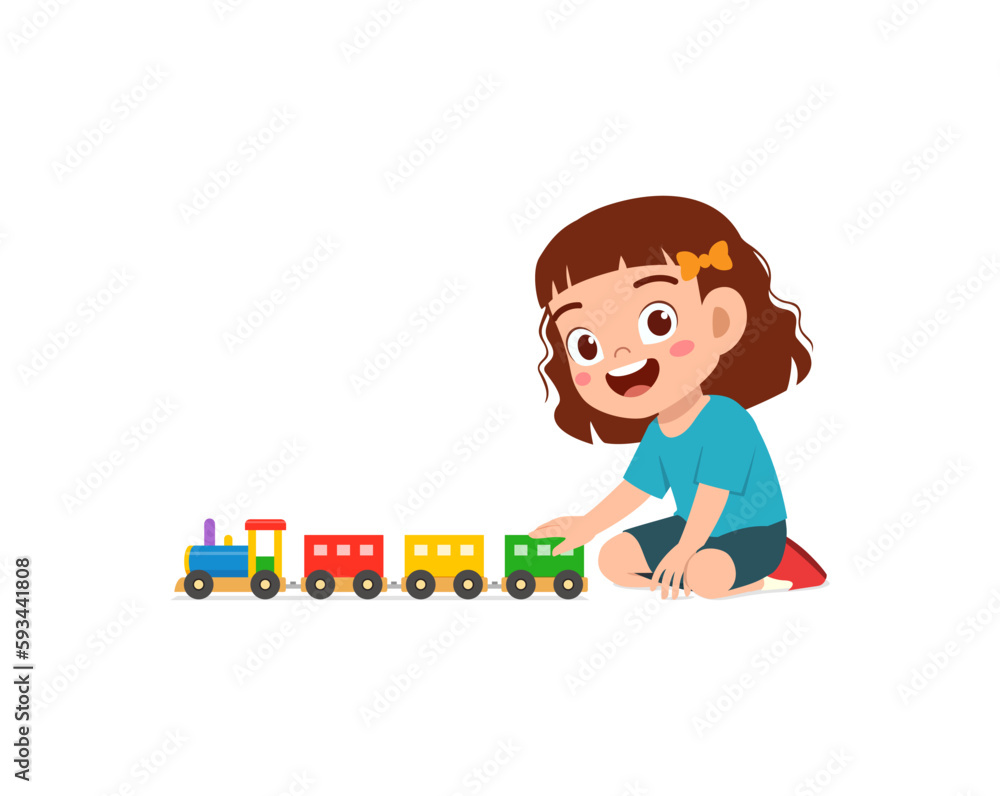 little kid playing toy train made from plastic and feel happy little kid playing toy train made from plastic and feel happy