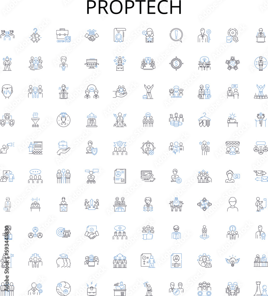 Proptech outline icons collection. Proptech, Real Estate, Innovation, Technology, AI, Digital, Automation vector illustration set. Blockchain, AR/VR, Leasing linear signs Proptech outline icons collection. Proptech, Real Estate, Innovation, Technology, AI, Digital, Automation vector illustration set. Blockchain, AR/VR, Leasing linear signs