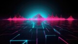 neon fantasy landscape and virtual reality metaverse world, background with glowing geometric shapes, futuristic world with colorful glow