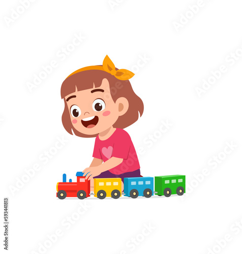 little kid playing toy train made from plastic and feel happy
