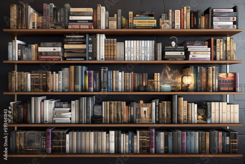 bookshelf filled with hardcover books of various genres. generative AI