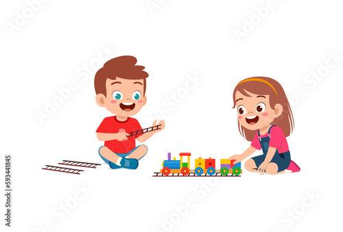 little kid playing toy train made from plastic with friend and feel happy