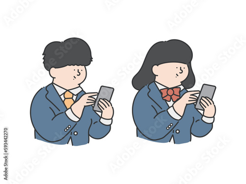 スマホを触る男子学生と女子学生　イラスト　セット
