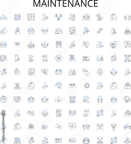 Maintenance outline icons collection. Fix, Repair, Adjust, Replace, Inspect, Clean, Service vector illustration set. Tune, Upgrade, Refurbish linear signs