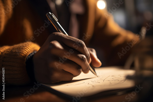 journalist's hand holding a pen and writing notes. generative AI