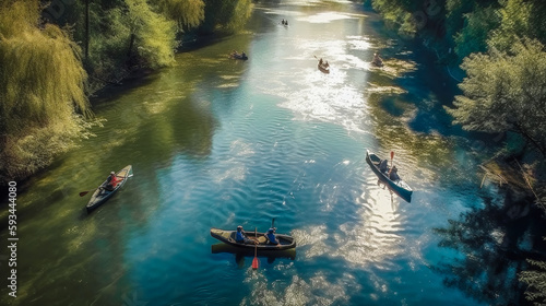 Kayaks on river at sunset. Aerial view of People Kayaking on calm summer blue lake. Generative AI.