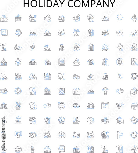 Holiday company outline icons collection. Vacation, Tour, Travel, Holiday, Trip, Package, Resort vector illustration set. Offers, Getaway, Adventure linear signs