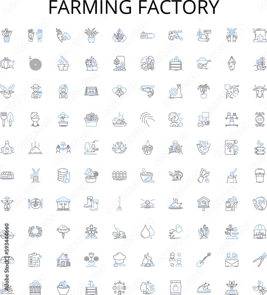 Fototapeta premium Farming factory outline icons collection. Farming, Factory, Agriculture, Crop, Cultivation, Grower, Harvester vector illustration set. Tractor, Sowing, Plowing linear signs