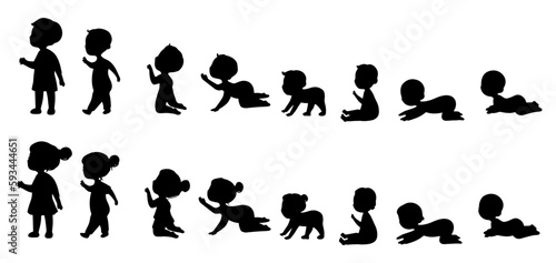 set of silhouettes of baby boy and girl grow up process. baby development, child growth stages. toddler milestones. eps 10