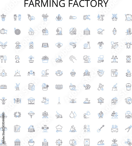 Farming factory outline icons collection. Farming, Factory, Agriculture, Crop, Cultivation, Grower, Harvester vector illustration set. Tractor, Sowing, Plowing linear signs