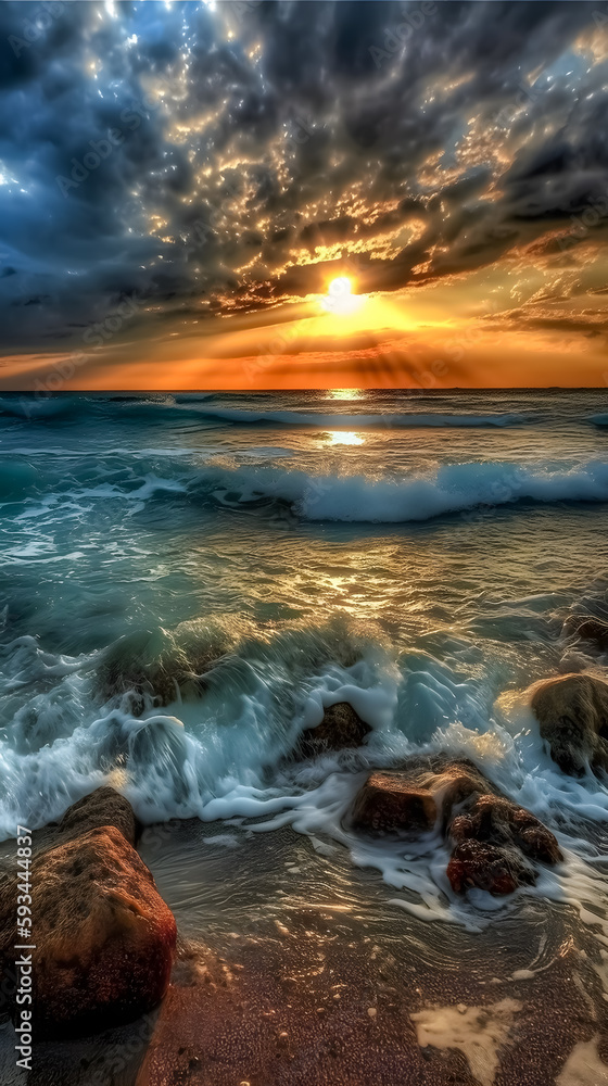 Obraz premium a sunset over the ocean with rocks in the foreground, romanticism, chaotic sea setting, dramatic light hdr, beautiful ocean, generative ai