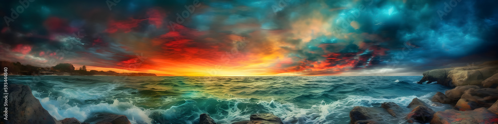 a colorful sunset over a body of water, romanticism, colorful sunset, chaotic sea setting, breathtaking colors, generative ai