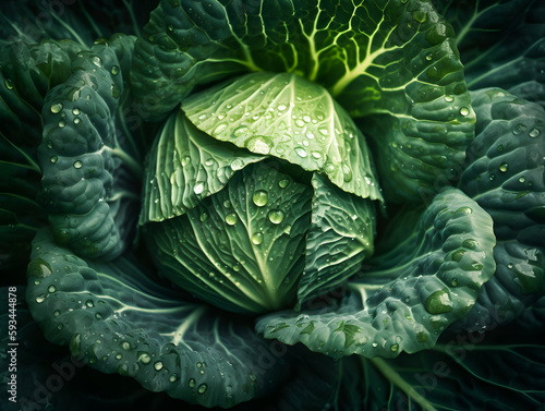 a head of cabbage with water droplets on it, renaissance, lettuce, the anatomy of a head of lettuce, generative ai