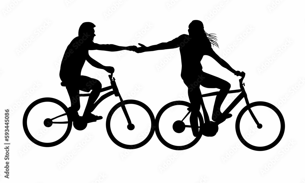 Obraz premium Illustration of a woman and a man pair cycling and shaking hands. Who is in love. Couples appreciation day. Design silhouette
