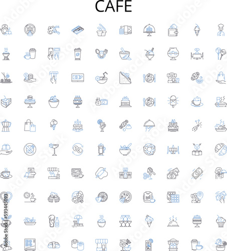 Cafe outline icons collection. Cafe, Coffee, Espresso, Latte, Cappuccino, Frappuccino, Mocha vector illustration set. Donut, Bagel, Croissant linear signs