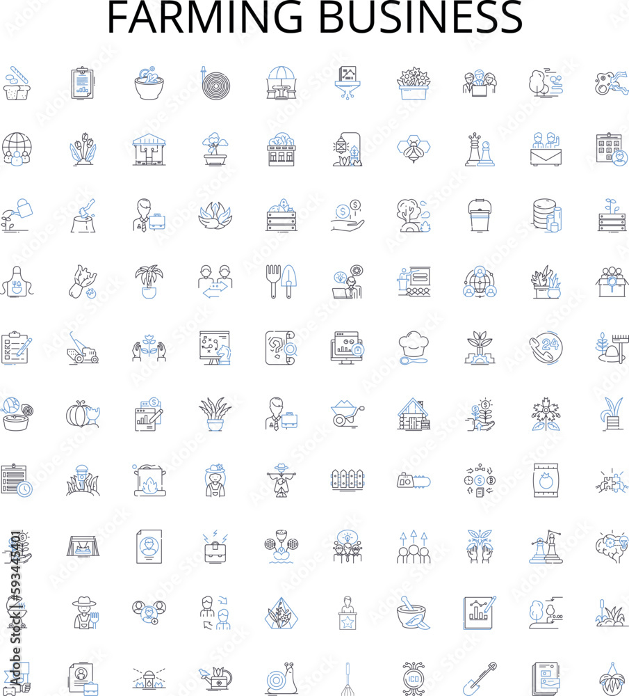 Farming business outline icons collection. Cropping, Sowing, Farming, Cultivating, Reaping, Flourishing, Tilling vector illustration set. Harvesting, Agribusiness, Irrigation linear signs Farming business outline icons collection. Cropping, Sowing, Farming, Cultivating, Reaping, Flourishing, Tilling vector illustration set. Harvesting, Agribusiness, Irrigation linear signs
