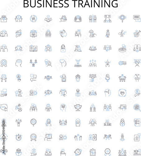 Business training outline icons collection. Business, Training, Corporate, Skills, Professional, Management, Workshop vector illustration set. Coaching, Seminar, Program linear signs