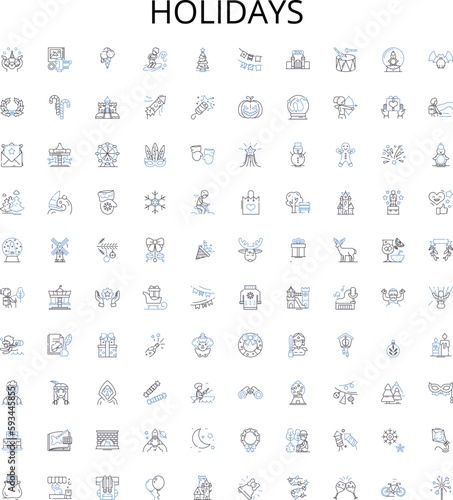 Holidays outline icons collection. Vacation, Festive, Trip, Celebration, Fete, Break, Holiday vector illustration set. Convivial, Joyous, Gaiety linear signs