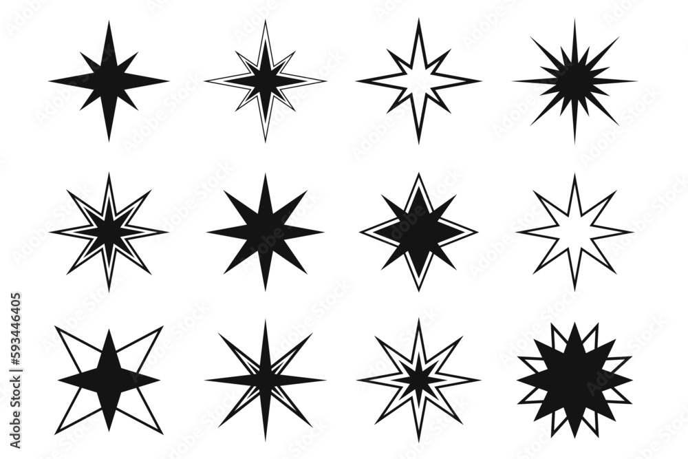 Minimalist star silhouette icon. Set of vector icons of stars. Isolated silhouette of twinkling star. Minimalist star silhouette icon. Set of vector icons of stars. Isolated silhouette of twinkling star.