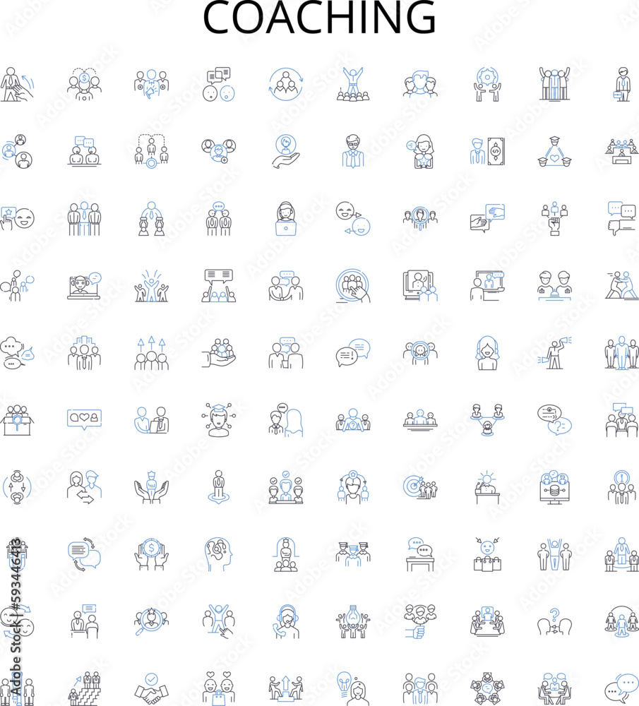 Coaching outline icons collection. Mentoring, Guiding, Instructing, Counselling, Training, LeaderShip, Facilitating vector illustration set. Advisement, Teaching, Teaching linear signs Coaching outline icons collection. Mentoring, Guiding, Instructing, Counselling, Training, LeaderShip, Facilitating vector illustration set. Advisement, Teaching, Teaching linear signs