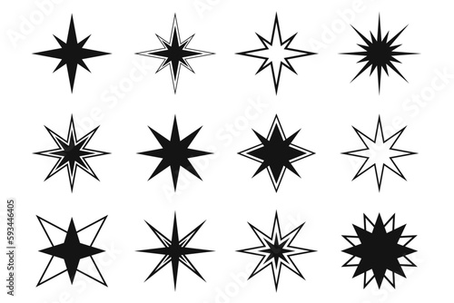  Minimalist star silhouette icon. Set of vector icons of stars. Isolated silhouette of twinkling star.