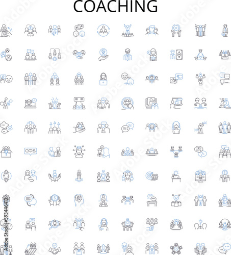 Coaching outline icons collection. Mentoring, Guiding, Instructing, Counselling, Training, LeaderShip, Facilitating vector illustration set. Advisement, Teaching, Teaching linear signs