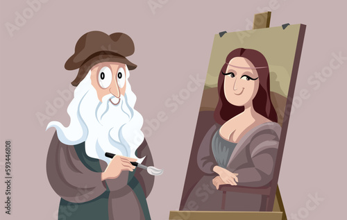 Renaissance Master Artist Painting Vector Funny Cartoon Illustration. Famous masterpiece being created by its author 
 photo