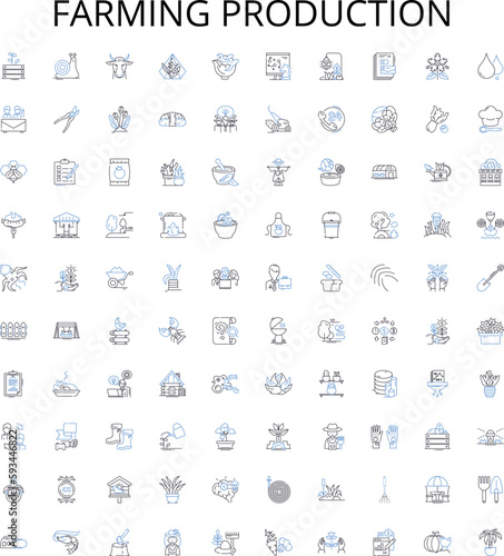 Farming production outline icons collection. Agriculture, Cultivation, Crops, Harvesting, Sowing, Yield, Livestock vector illustration set. Irrigation, Fertilization, Agricultural linear signs