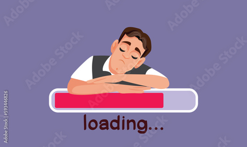 Man Falling Asleep Waiting for Web page to Load Vector Funny Illustration. Funny Wi-Fi problem concept image with a guy falling asleep 

