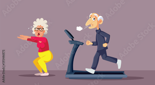 Senior People Going to the Gym to Keep Active Vector Illustration. Elderly couple exercising together feeling exhausted and tried 
