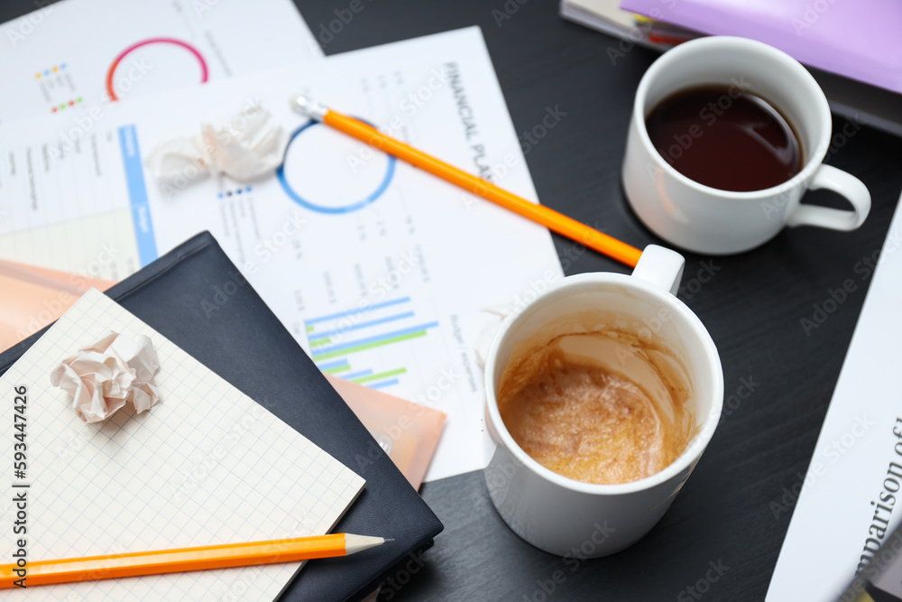 Messy office workplace, workplace and workspace concept Messy office workplace, workplace and workspace concept
