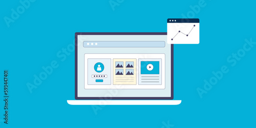 Business customer data and marketing message communication system management software, digital technology, web analytics and strategy planning concept, vector illustration.