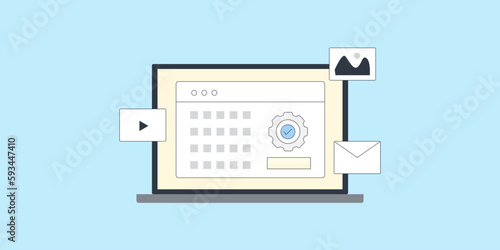 Digital media planning business strategy modern communication technology filled outline web banner vector illustration.