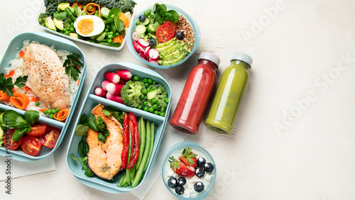 Different types healthy meals in containers, Takeout food menu, top view, copy space