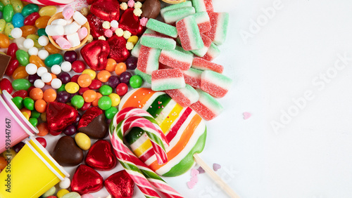 Various sweets assortment. Candy, bonbon, chocholate on white background.